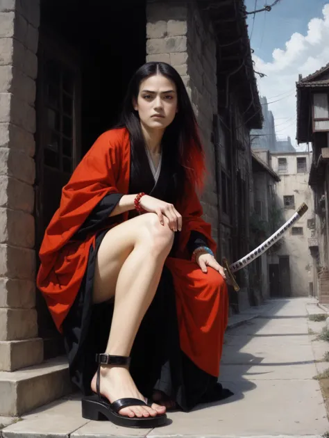 arafed woman in red kimono sitting on steps with a sword