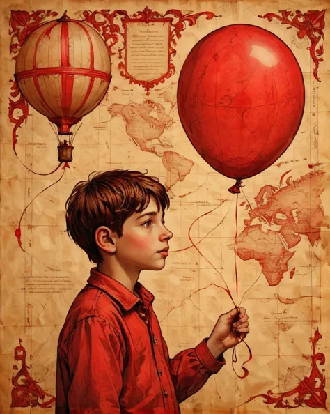 best quality, highres, high quality, on parchment, macro details, red ink, technical illustration, precise, straight lines,,  h3ll1sh, (boy holding a red balloon:1.3), (intricate parchment diagram:1.2),  saturated colors, wooden carving 
