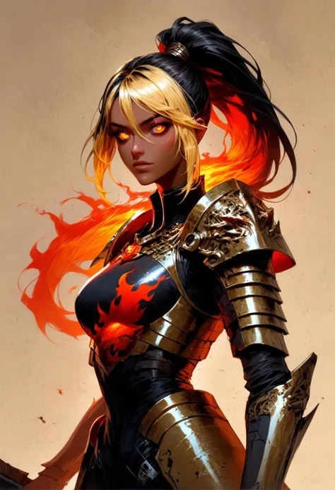 score_9, score_8_up, score_7_up, solo, detailed eyes, expressive eyes, lustrous skin, medium breasts, wearing armor, heavy armor, (huge axe over shoulder), eyes glowing red, flame coming out of eyes, standing, looking at viewer,  good_hands, medium length hair, black hair,  golden eyes, ponytail, tan skin, blonde highlights, blonde ends, medium-long hair, red flames