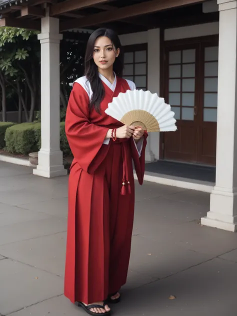 woman in red kimono holding a fan and a fan