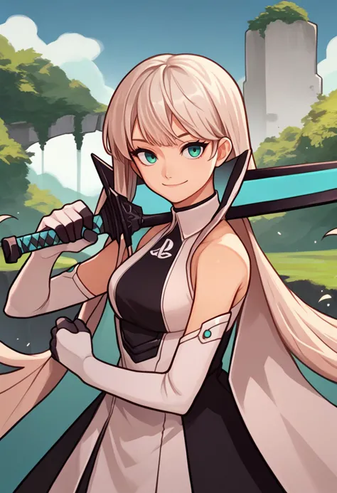 a woman with long blonde hair holding a sword in a field