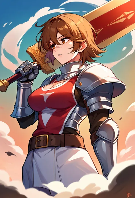 a woman in armor holding a baseball bat in the sky