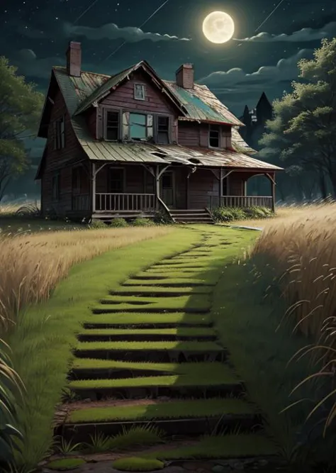 a painting of a house with steps leading to a grassy field