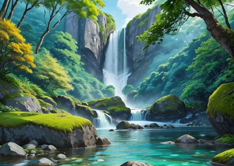 a painting of a waterfall in a forest with rocks and trees