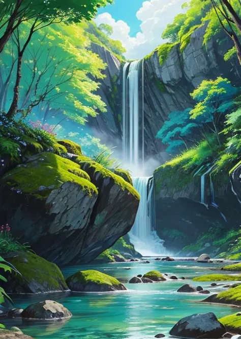 a painting of a waterfall in a forest with rocks and trees