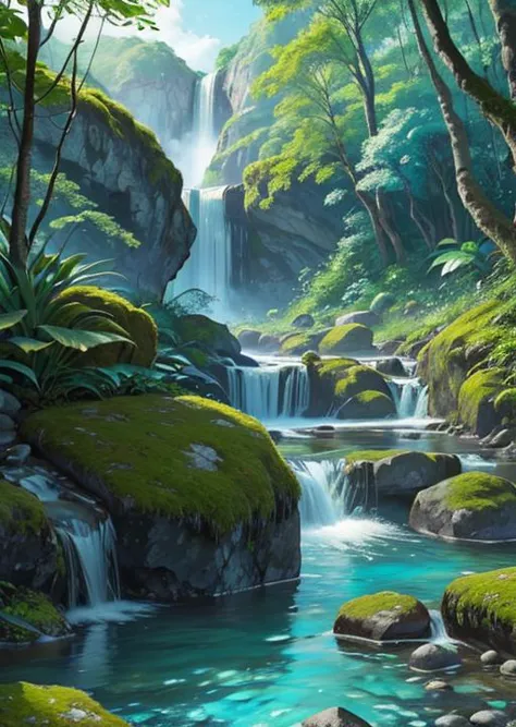 a painting of a waterfall in a forest with mossy rocks