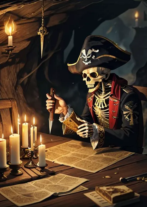 pirate with a sword and a skull sitting at a table with candles