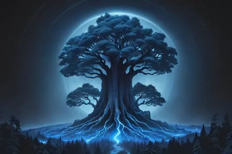 painting of giant tree, dark blue theme, illuminated blue leaves, night vision, fantasy, magical, masterpiece, ultra quality, 12...