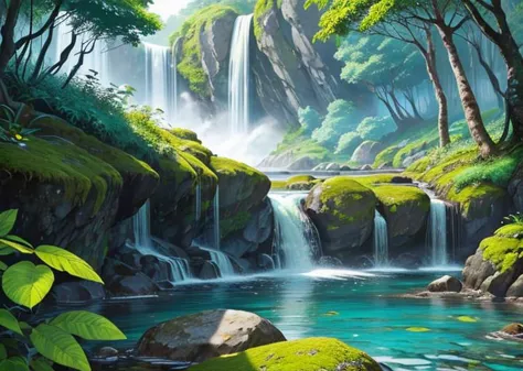 waterfall, rainbow, colorful flowers, moss, water, rocks, jungle, trees with very green leaves, very blue water,beautiful landsc...