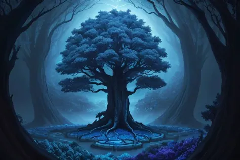 painting of giant tree, dark blue theme, illuminated blue leaves, night vision, fantasy, magical, masterpiece, ultra quality, 12...