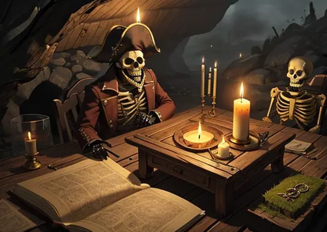 Knife, wooden table, gold coins, blood, terror, fog, skeleton, moss, incects, dust, maps, pirate clothes, pirate hat, old gun. cave,wax candle,horror (theme)