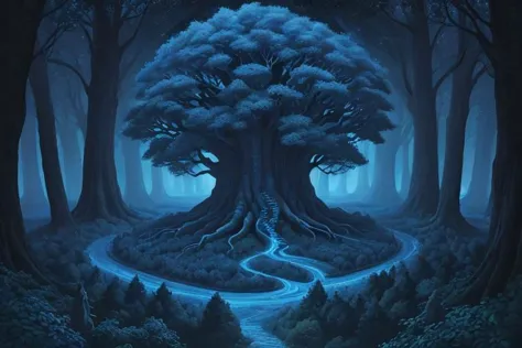 painting of giant tree, dark blue theme, illuminated blue leaves, night vision, fantasy, magical, masterpiece, ultra quality, 12...