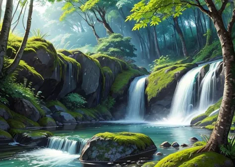 painting of a waterfall in a forest with mossy rocks and trees