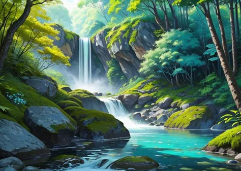 painting of a waterfall in a forest with rocks and trees