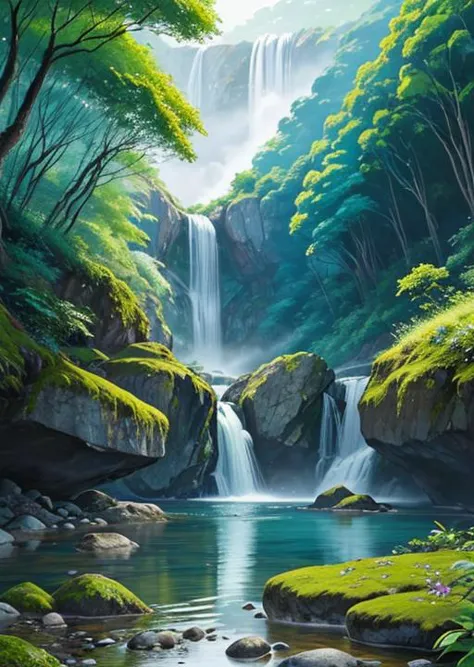 a painting of a waterfall in a forest with rocks and trees