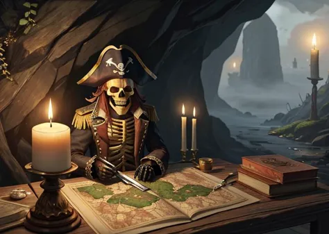 Knife, wooden table, gold coins, blood, terror, fog, skeleton, moss, incects, dust, maps, pirate clothes, pirate hat, old gun. c...