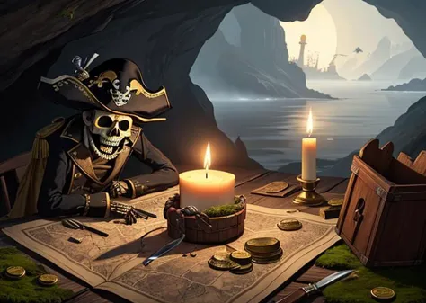 Knife, wooden table, gold coins, blood, terror, fog, skeleton, moss, incects, dust, maps, pirate clothes, pirate hat, old gun. c...