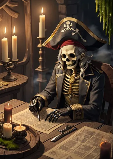 pirate sitting at a table with a candle and a book