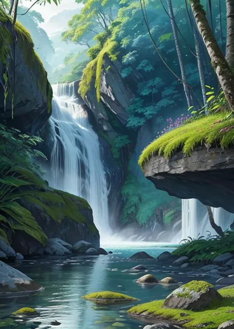 a painting of a waterfall in a forest with rocks and trees