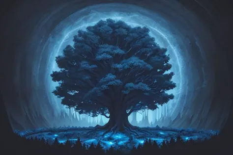 painting of giant tree, dark blue theme, illuminated blue leaves, night vision, fantasy, magical, masterpiece, ultra quality, 12...