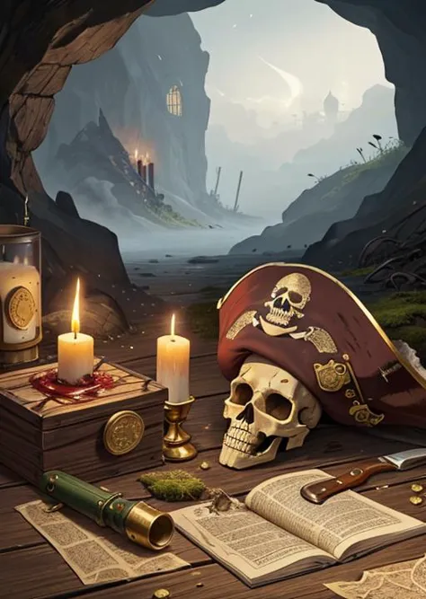 Knife, wooden table, gold coins, blood, terror, fog, skeleton, moss, incects, dust, maps, pirate clothes, pirate hat, old gun. c...