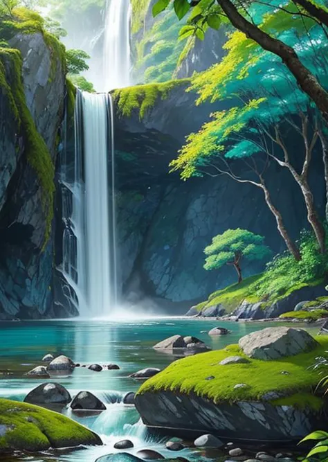 a painting of a waterfall in a forest with rocks and trees