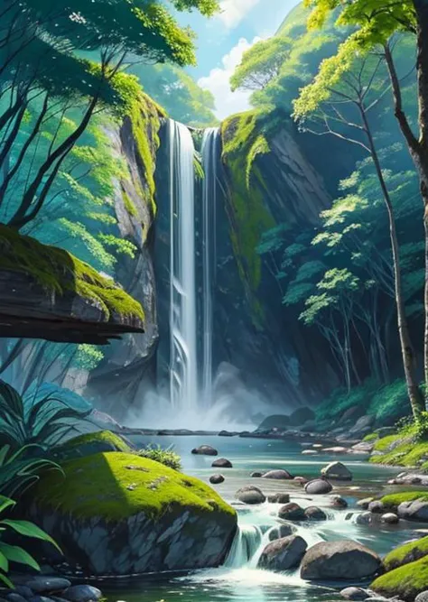 a painting of a waterfall in a forest with rocks and trees