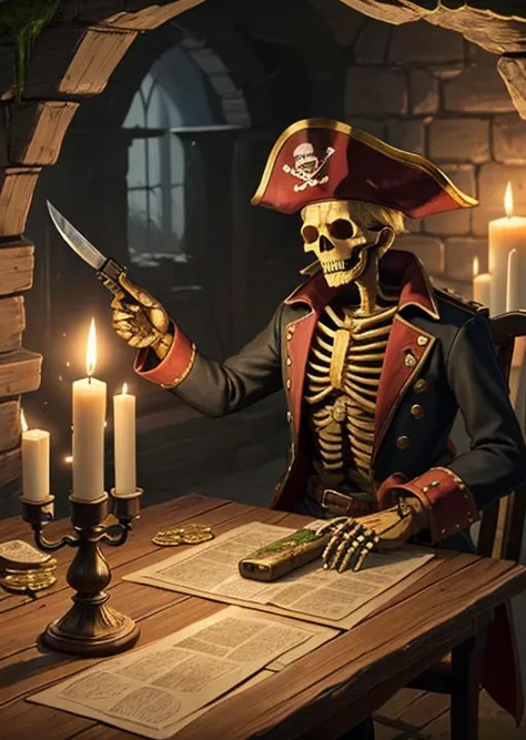 Knife, wooden table, gold coins, blood, terror, fog, skeleton, moss, incects, dust, maps, pirate clothes, pirate hat, old gun. c...