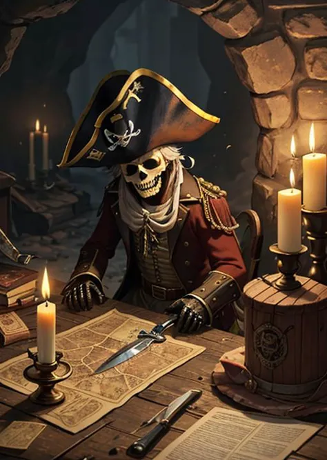 a close up of a skeleton sitting at a table with a candle