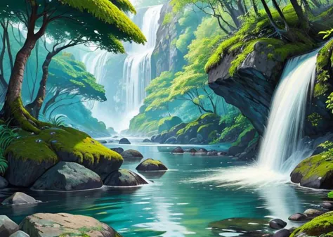 painting of a waterfall in a forest with mossy rocks and trees