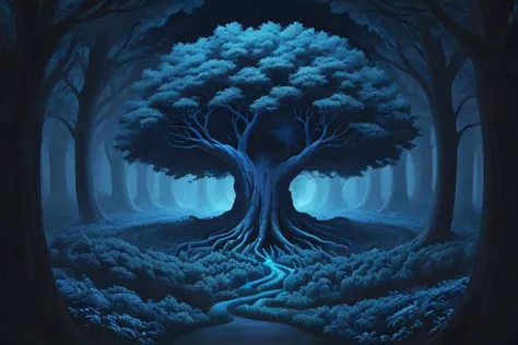 painting of giant tree, dark blue theme, illuminated blue leaves, night vision, fantasy, magical, masterpiece, ultra quality, 12k detailed, birdseye shot, ultra wide angle shot, high angle shot, far angle shot, aspect ratio: 2.39:1(3,840 x 2,160)