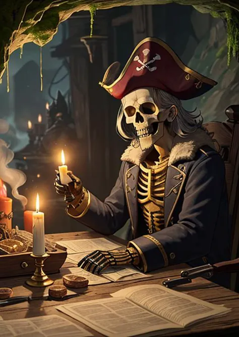 Knife, wooden table, gold coins, blood, terror, fog, skeleton, moss, incects, dust, maps, pirate clothes, pirate hat, old gun. c...