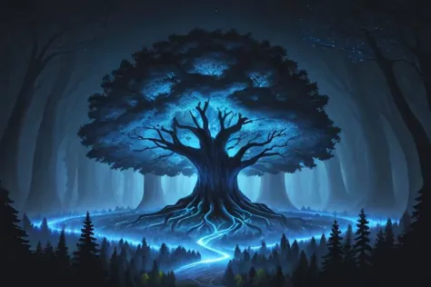 painting of giant tree, dark blue theme, illuminated blue leaves, night vision, fantasy, magical, masterpiece, ultra quality, 12...