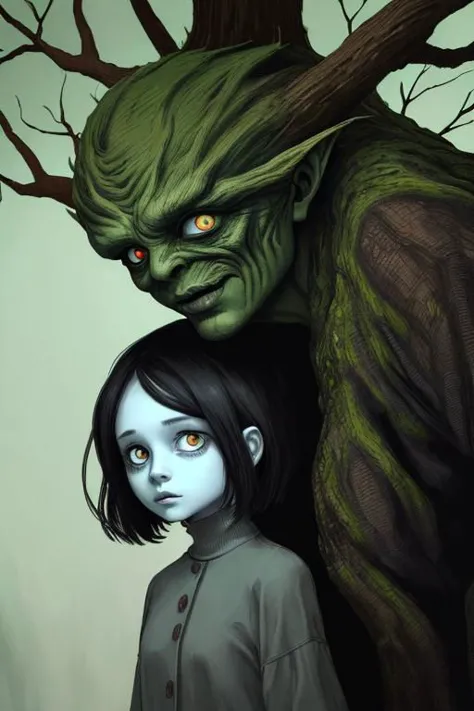 a painting of a girl and a monster standing next to each other