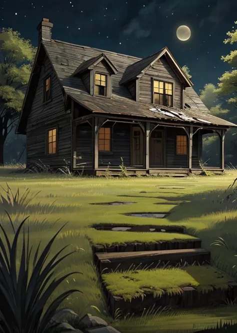 a painting of a house in the middle of a field with steps leading to it