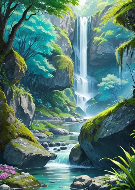 a painting of a waterfall in a forest with rocks and trees