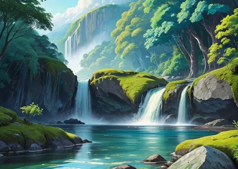 painting of a waterfall in a forest with rocks and trees