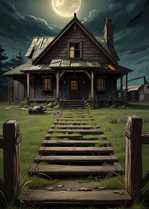 abandoned house, broken planks, moss, broken steps, unkempt yard, tall grass, weeds, terror,night,horror (theme),