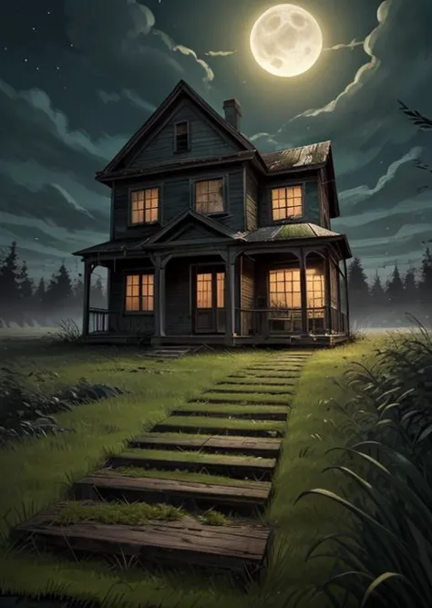 a house with steps leading to a porch in the moonlight