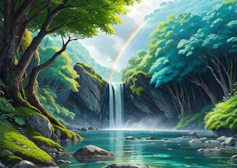 a painting of a waterfall in a forest with a rainbow in the sky