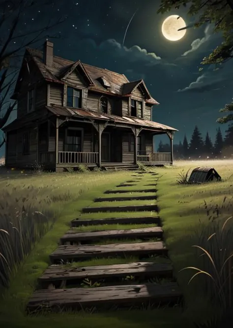 abandoned house, broken planks, moss, broken steps, unkempt yard, tall grass, weeds, terror,night,horror (theme),