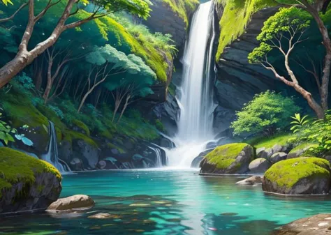 waterfall, rainbow, colorful flowers, moss, water, rocks, jungle, trees with very green leaves, very blue water,beautiful landscape, colird and tropical