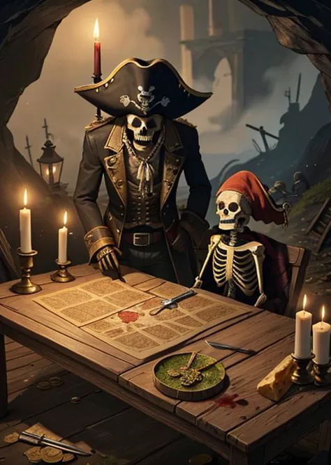 Knife, wooden table, gold coins, blood, terror, fog, skeleton, moss, incects, dust, maps, pirate clothes, pirate hat, old gun. c...