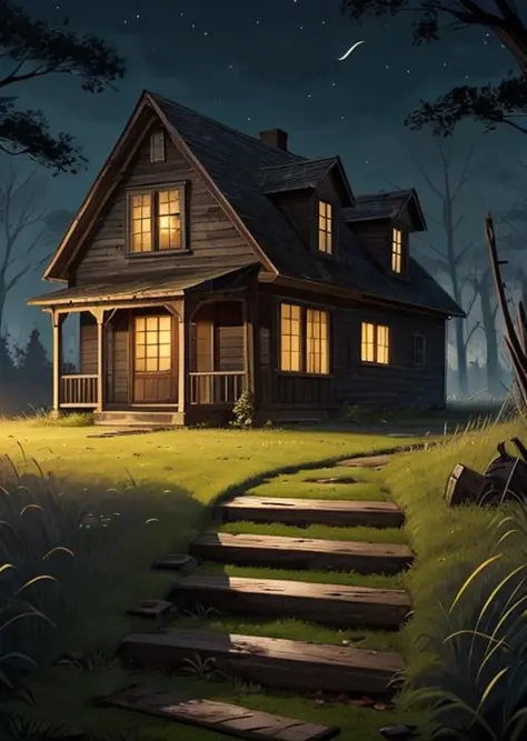 abandoned house, broken planks, moss, broken steps, unkempt yard, tall grass, weeds, terror,night,horror (theme),
