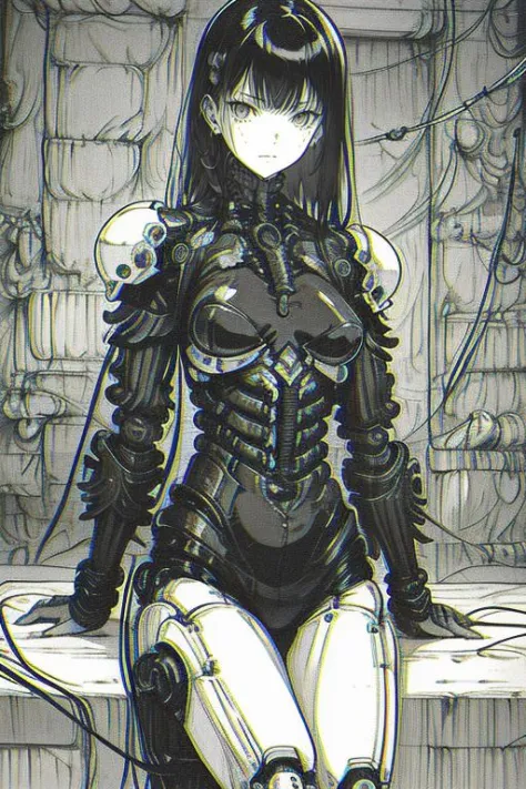 1girl, monochrome, solo, cyberpunk, long hair, looking at viewer, cable, mechanical arms, breasts, science fiction, greyscale, h...