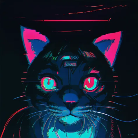 cat portrait, cyberpunk, black background, detailed, neon colors, hight quality, glitch, electronic parts,
noise, film grain, sp...