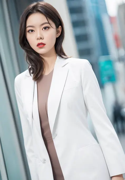 solo,
(office lady,white coat,),
half-length photo,cowboy shot,
city_lights,
(looking at viewer:1.3),
parted lips,   red_lips,sh...