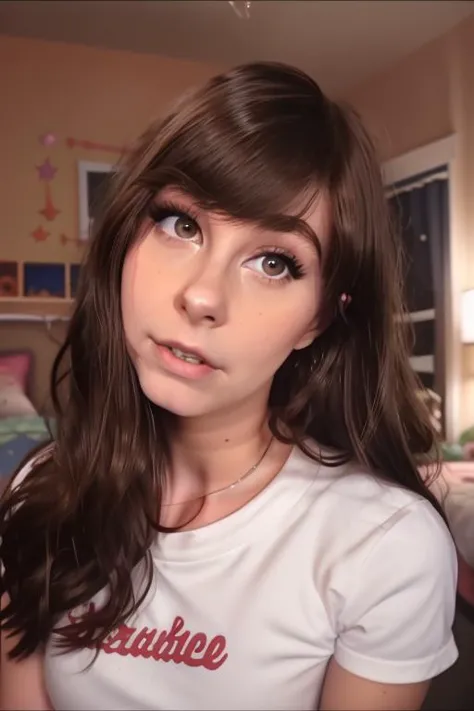close up photo of a beautiful 20yo woman, brunette, upper body, shirt, staring at camera, streaming to youtube in her bedroom at...