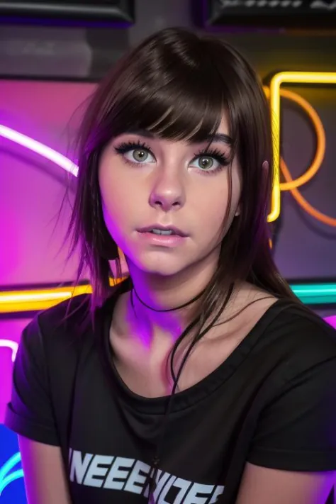 candid close up photo of a stunning woman, brunette, looking at camera, black shirt, in a neon arcade, upper body, raw, masterpi...