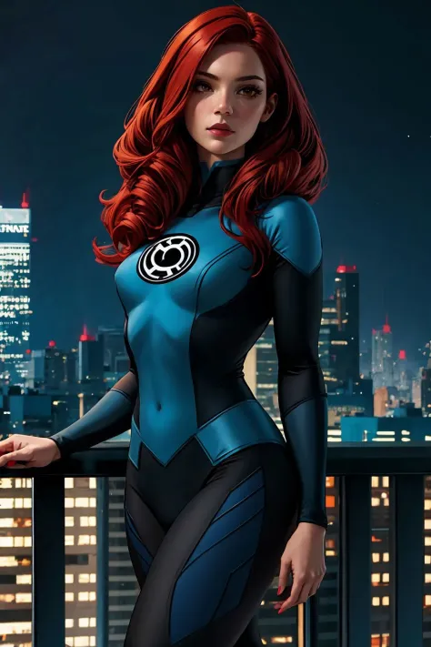 1girl, Red hair, teal, blue lantern costume, intrincate, (masterpiece), cityscape background <lora:Blue Lantern Costume_v1:1>